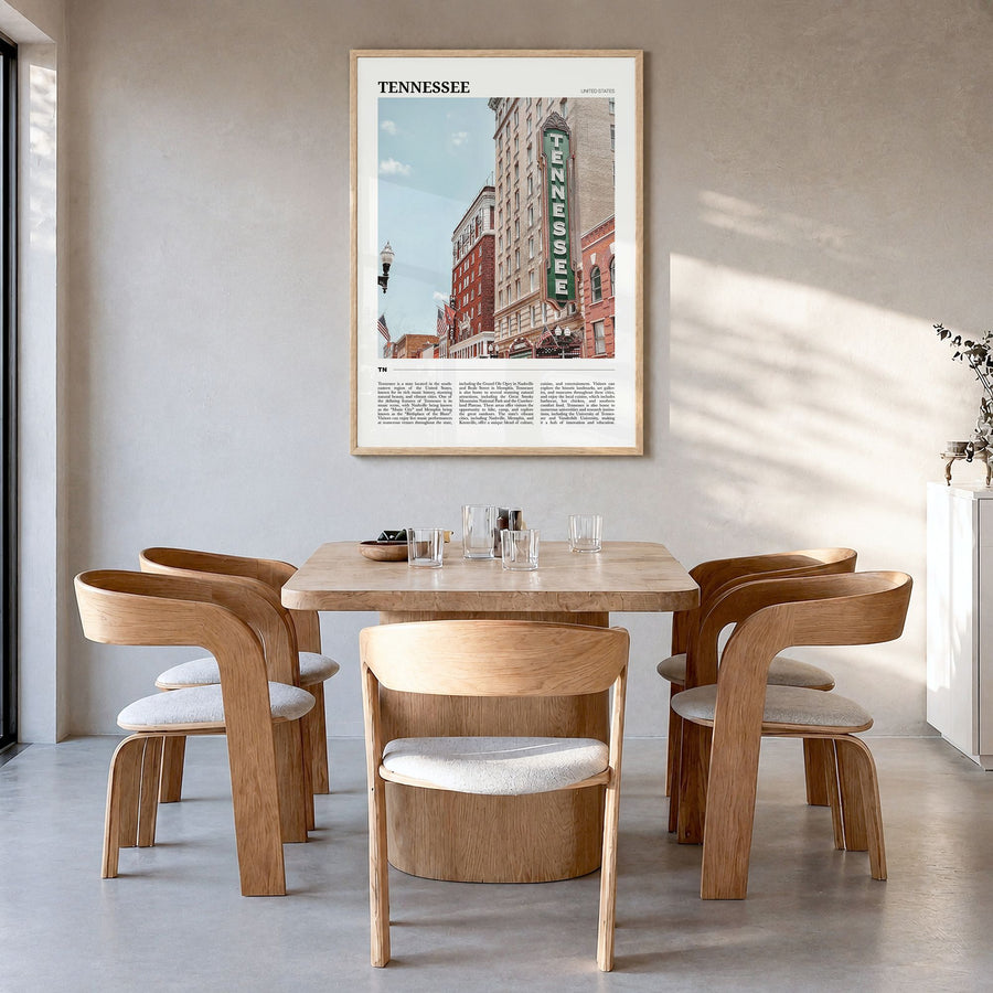 Tennessee Travel No 1 Poster in a natural wood frame, hanging in a dining room