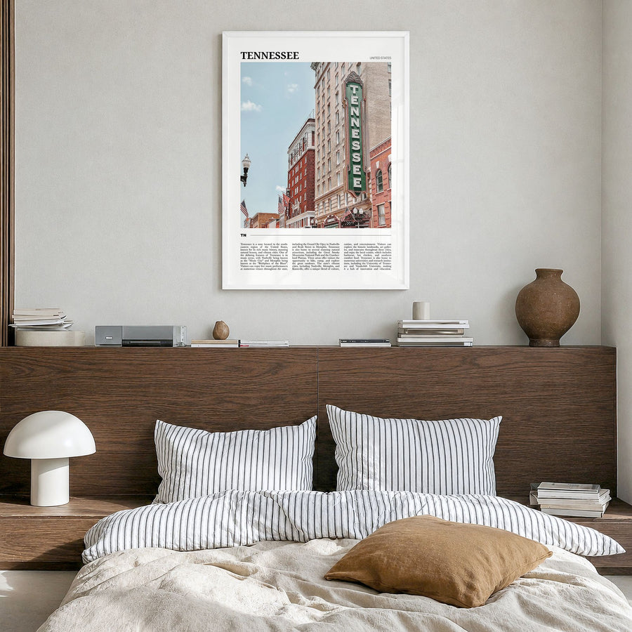 Tennessee Travel No 1 Poster in a white wood frame, hanging in a bedroom
