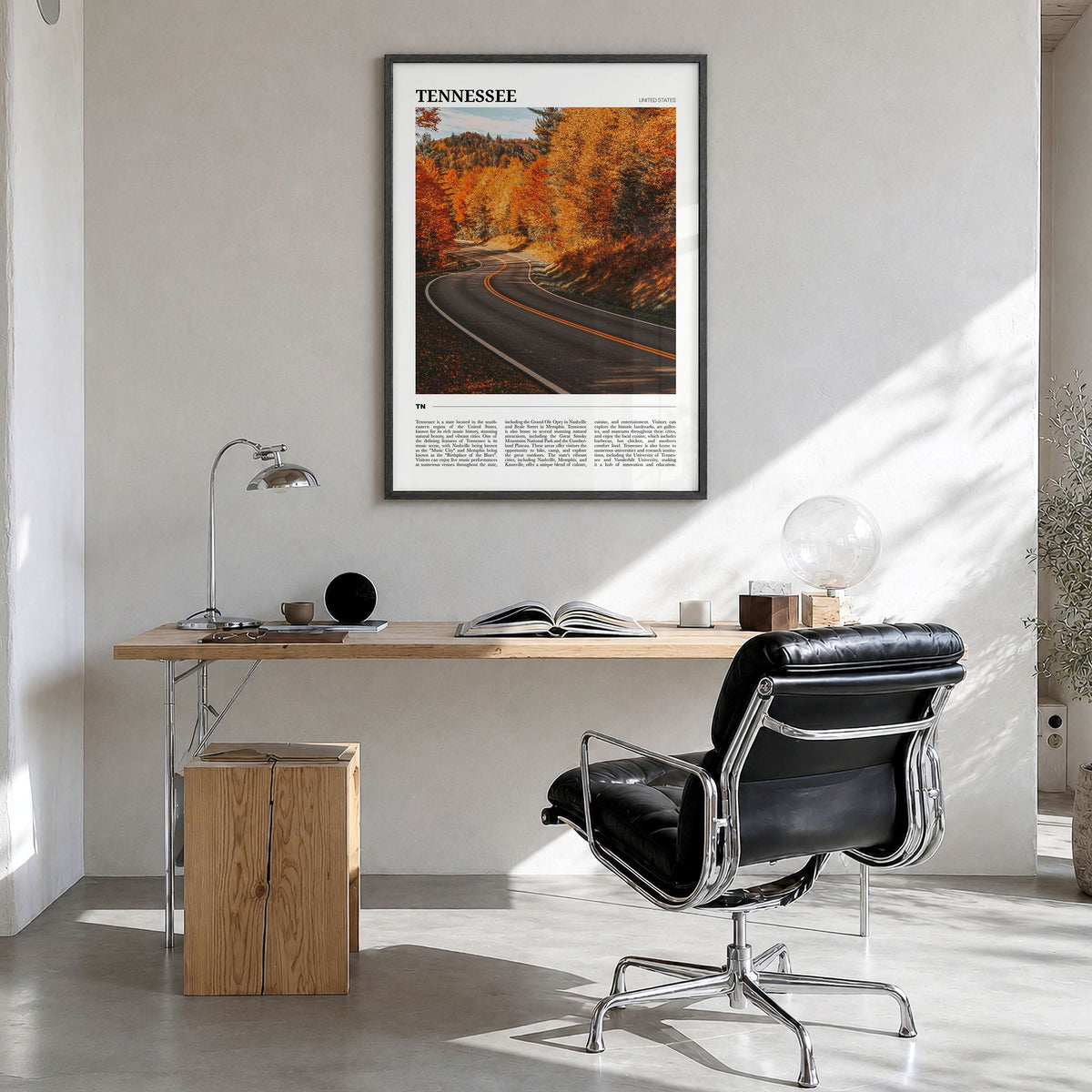 Tennessee Travel No 2 Poster in a black wood frame, hanging in a bright home office