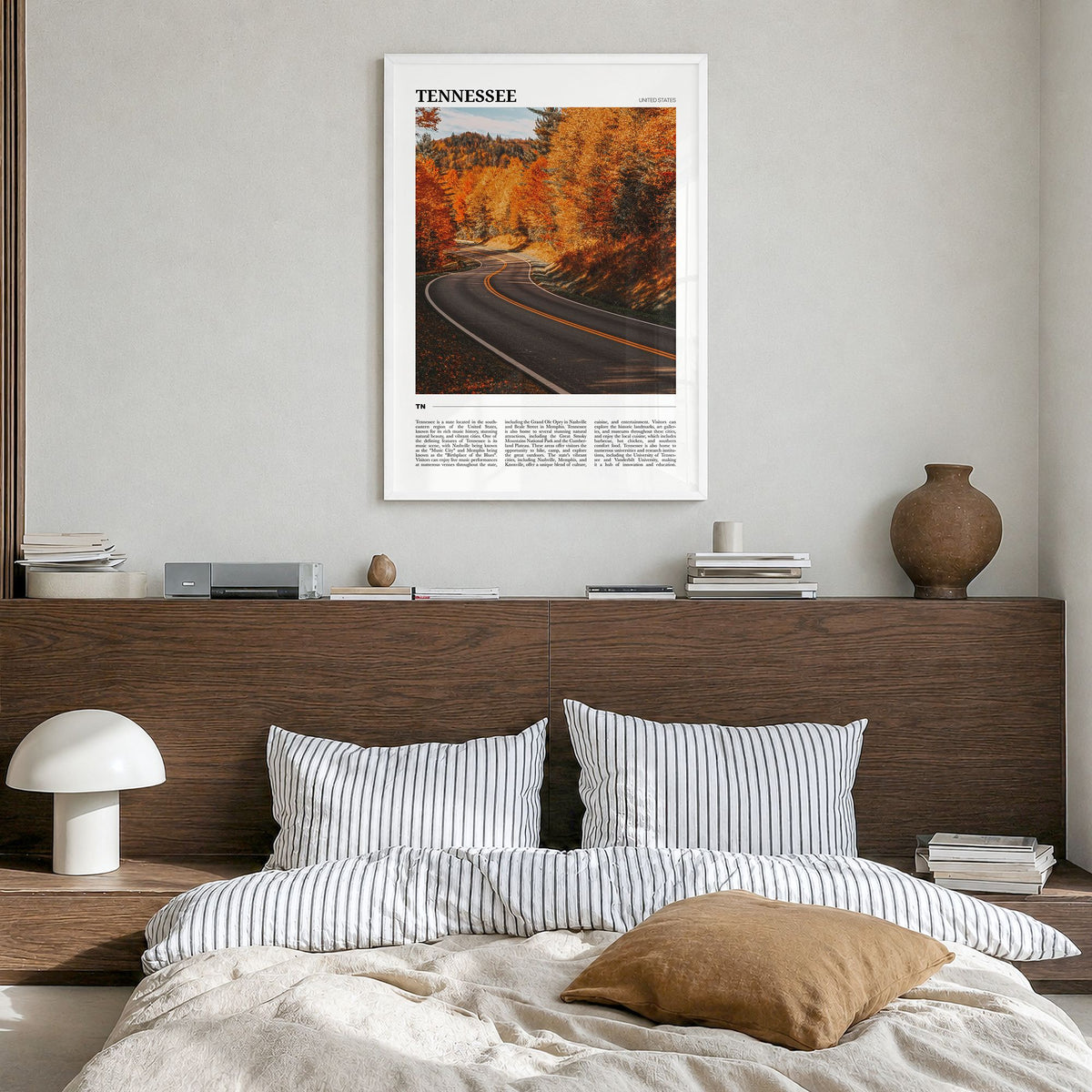 Tennessee Travel No 2 Poster in a white wood frame, hanging in a bedroom