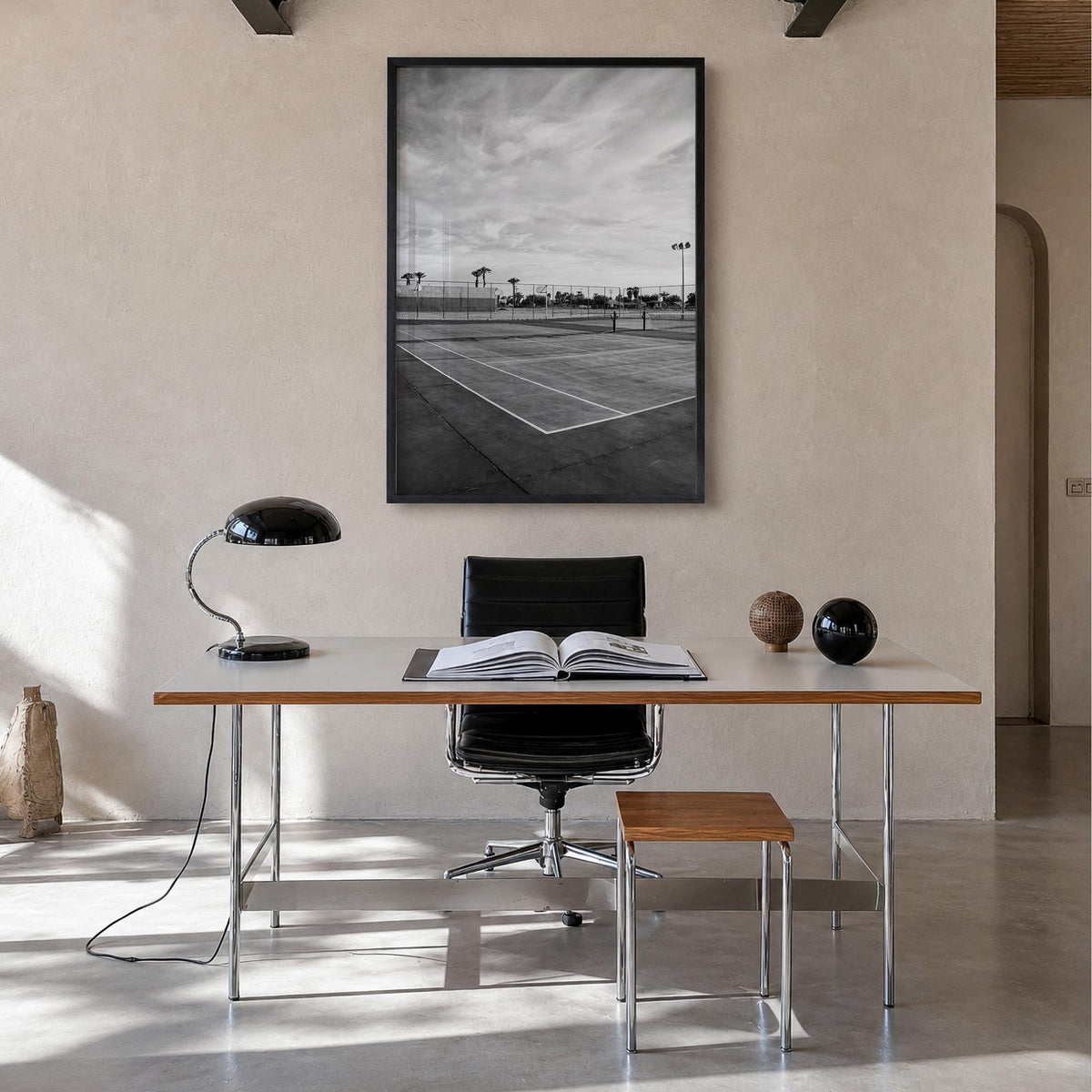 Tennis Court no. 1 black & white photo poster – vertical wall art in black wood frame, hanging on wall