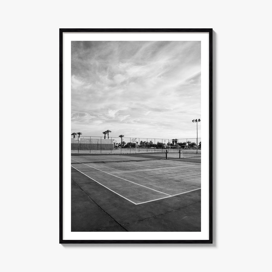 Tennis Court no. 1 black & white photo poster – vertical wall art, unframed print shown in interior mockup