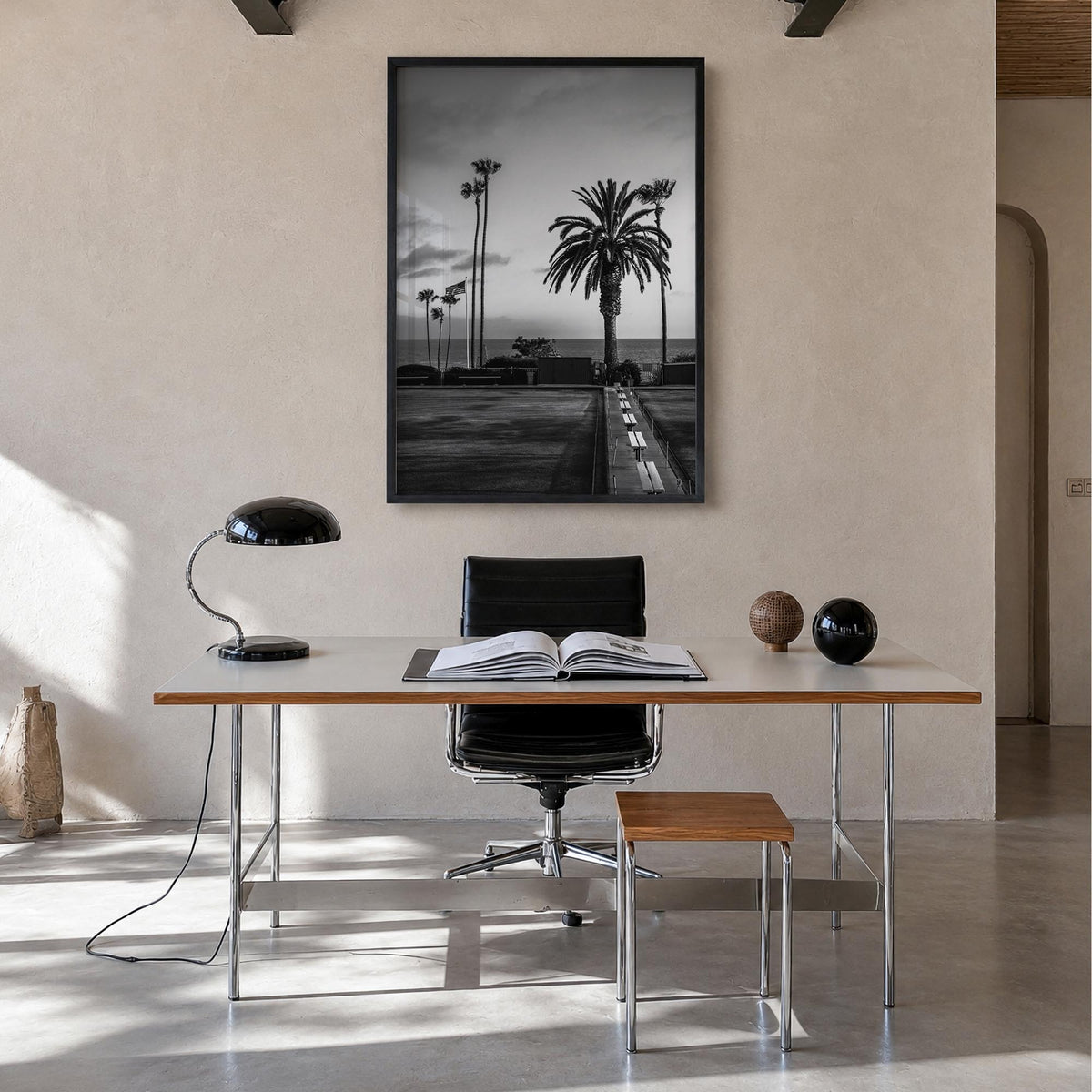 Tennis Court no. 2 black & white photo poster – vertical wall art in black wood frame, hanging on wall