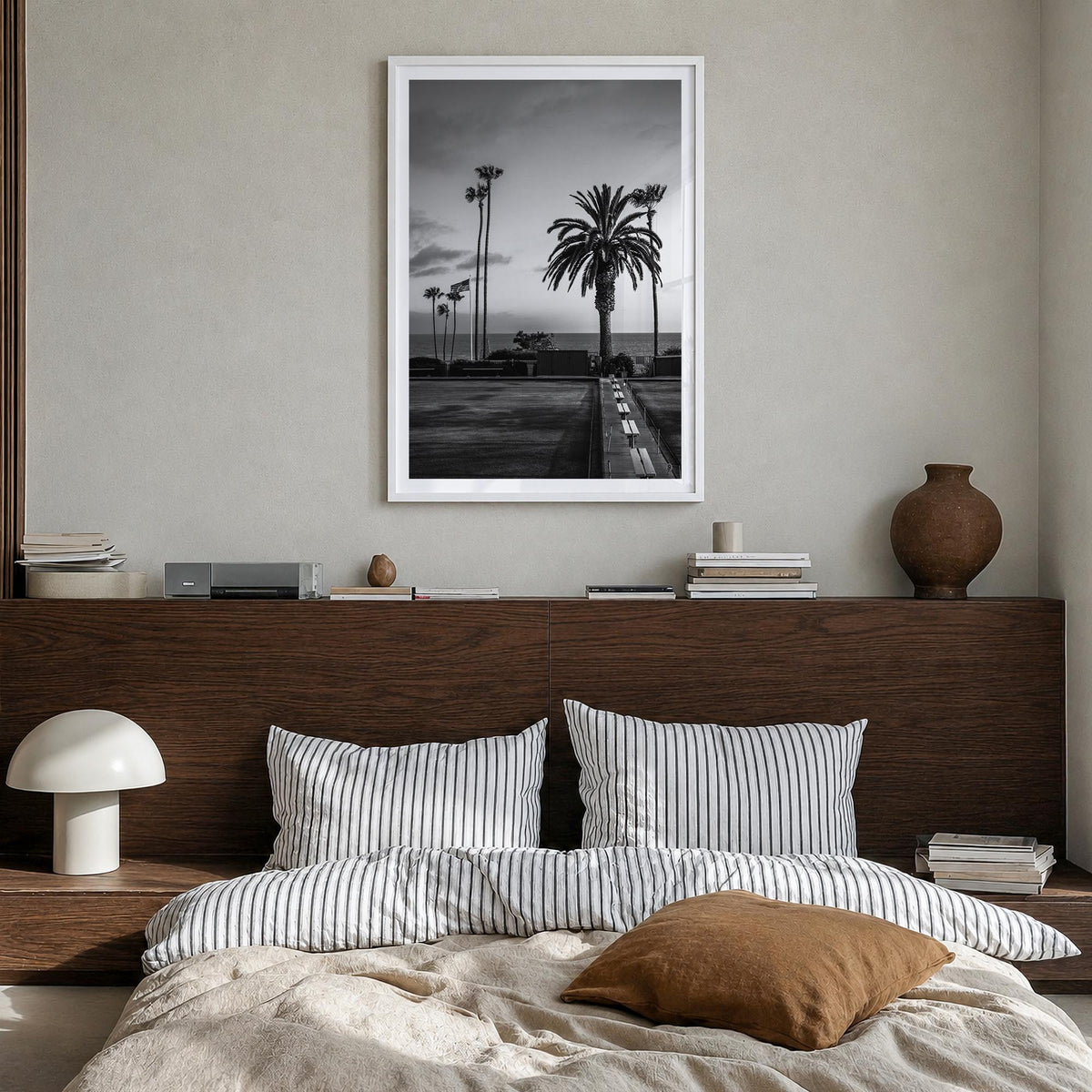Tennis Court no. 2 black & white photo poster – vertical wall art in white wood frame with white border, hanging on wall