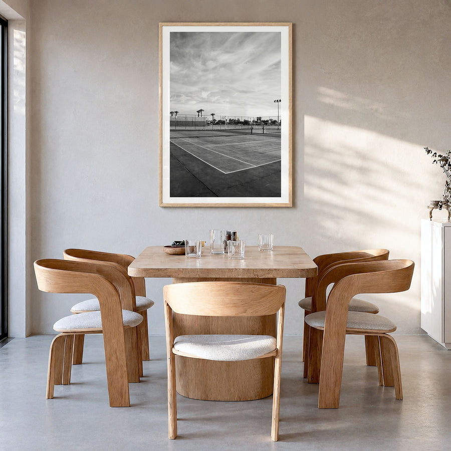 Tennis Court Photo No 1 Poster in a natural wood frame, hanging in a dining room, white border