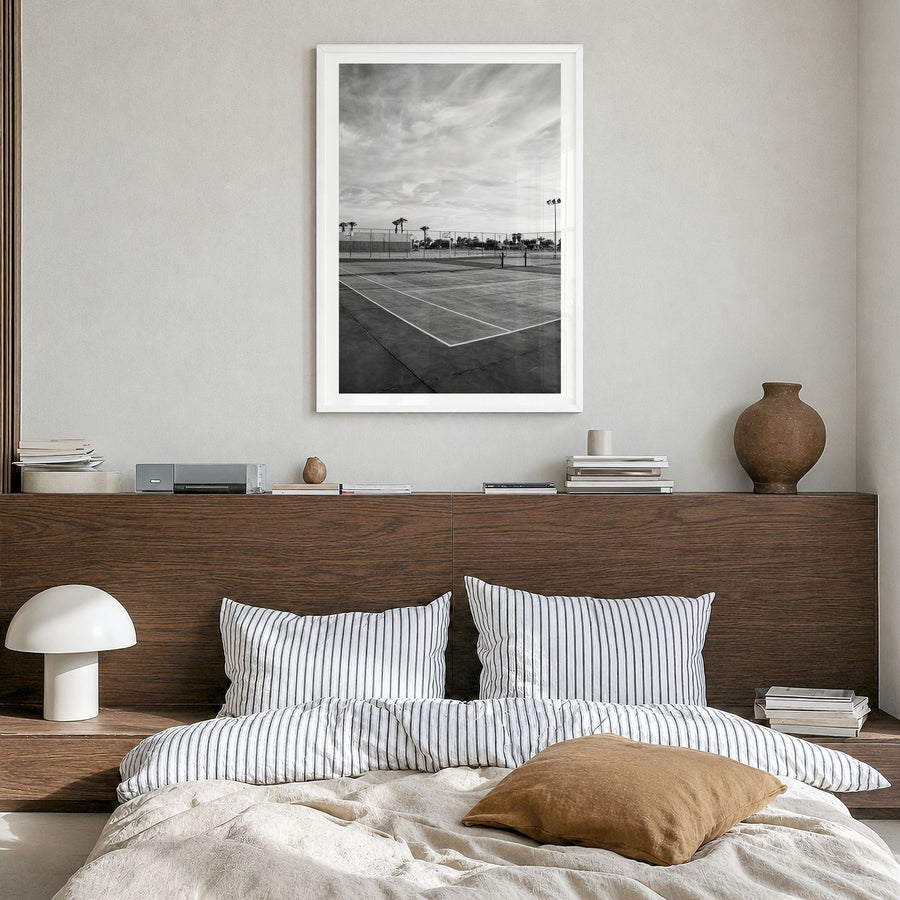 Tennis Court Photo No 1 Poster in a white wood frame, hanging in a bedroom, white border