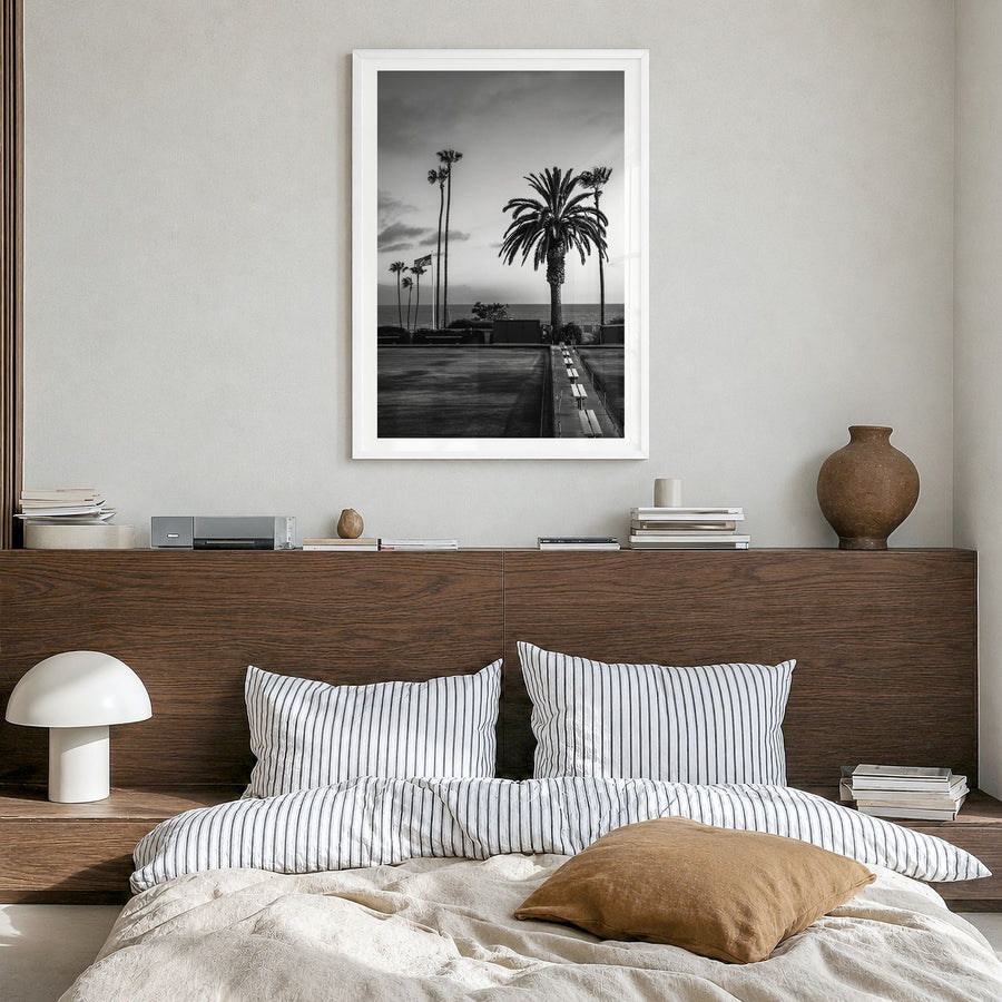 Tennis Court Photo No 2 Poster in a white wood frame, hanging in a bedroom, white border