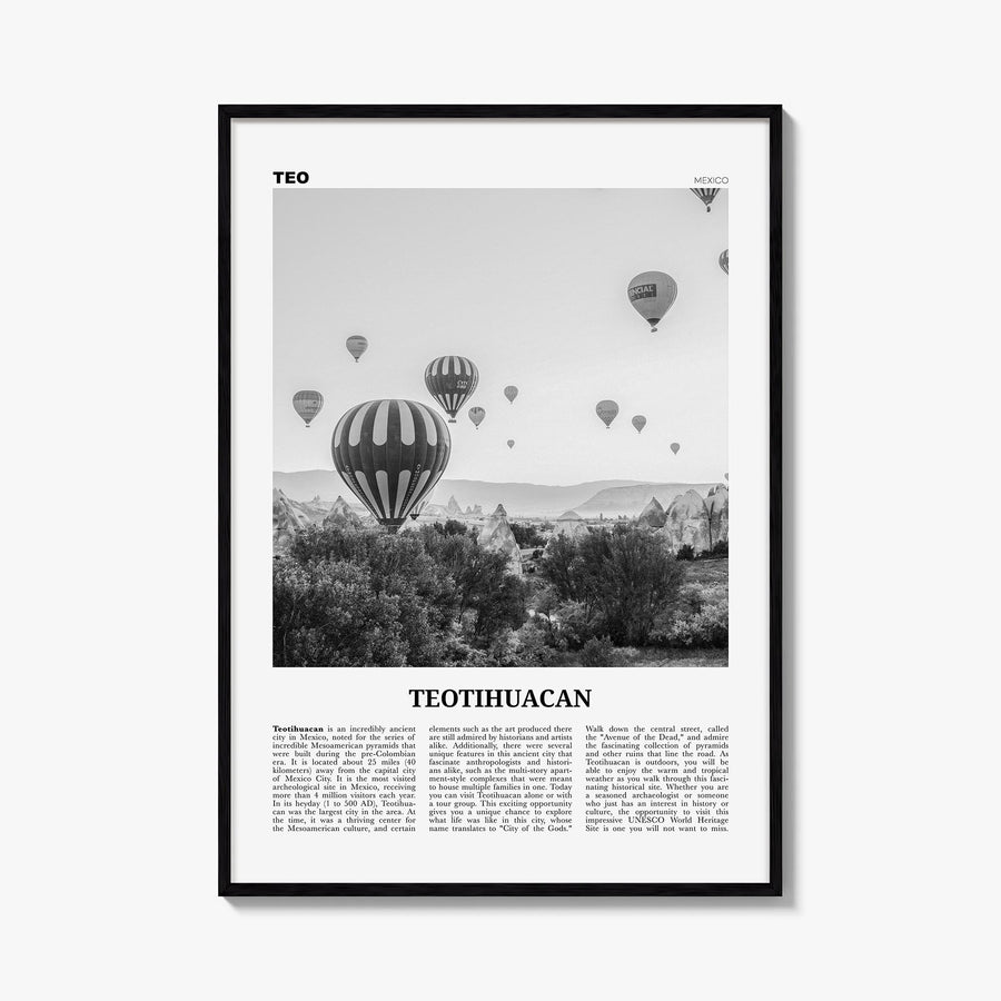 Teotihuacán black & white newspaper poster of Mexico – vertical wall art, unframed print shown in interior mockup