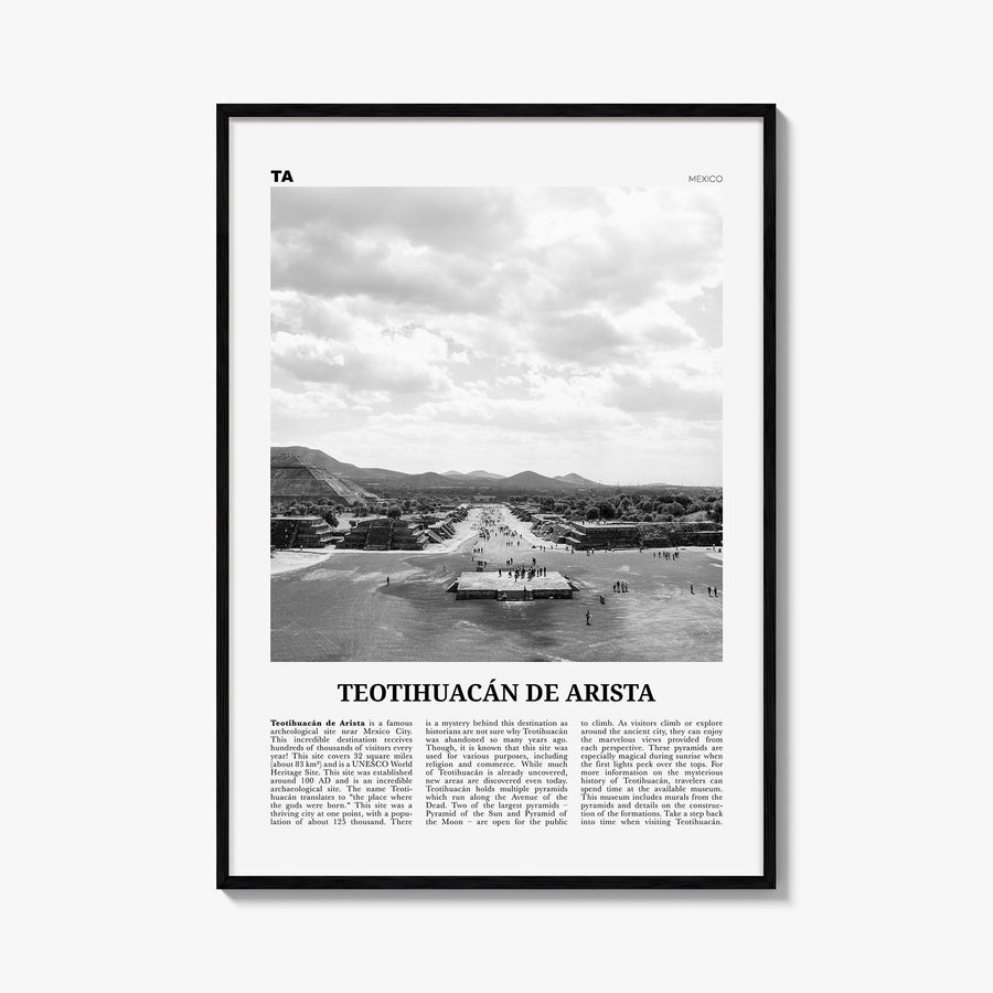 Teotihuacán de Arista black & white newspaper poster of Mexico – vertical wall art, unframed print shown in interior mockup