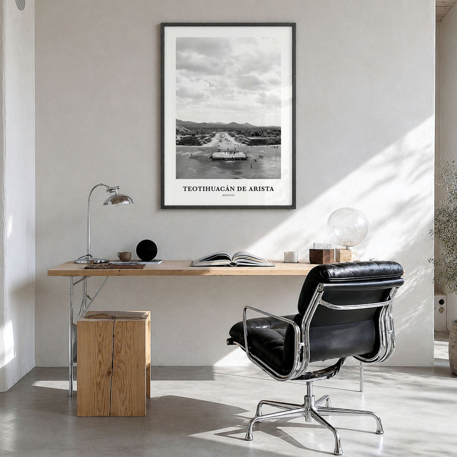 Teotihuacán de Arista Classic Poster in a black wood frame, hanging in a bright home office