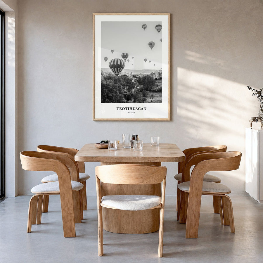 Teotihuacán Classic Poster in a natural wood frame, hanging in a dining room