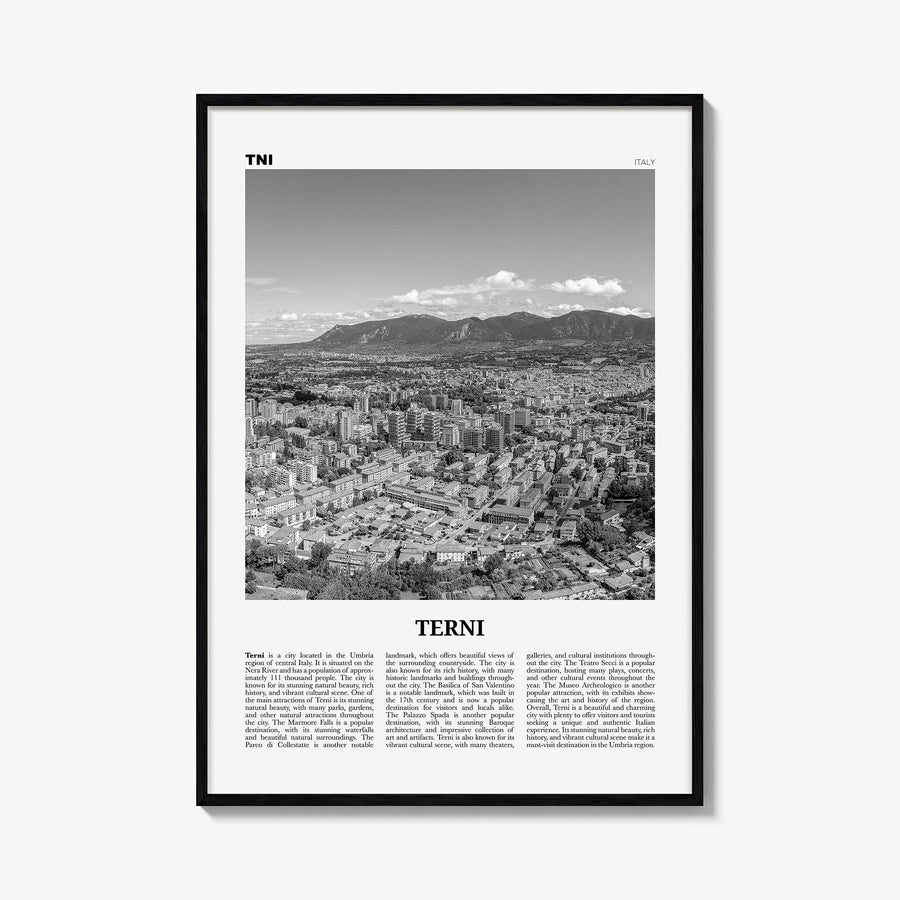 Terni black & white newspaper poster of Italy – vertical wall art, unframed print shown in interior mockup