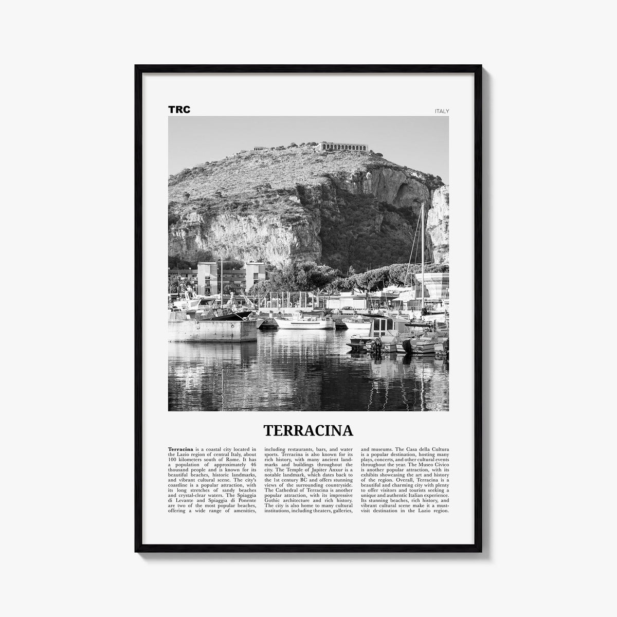 Terracina black & white newspaper poster of Italy – vertical wall art, unframed print shown in interior mockup