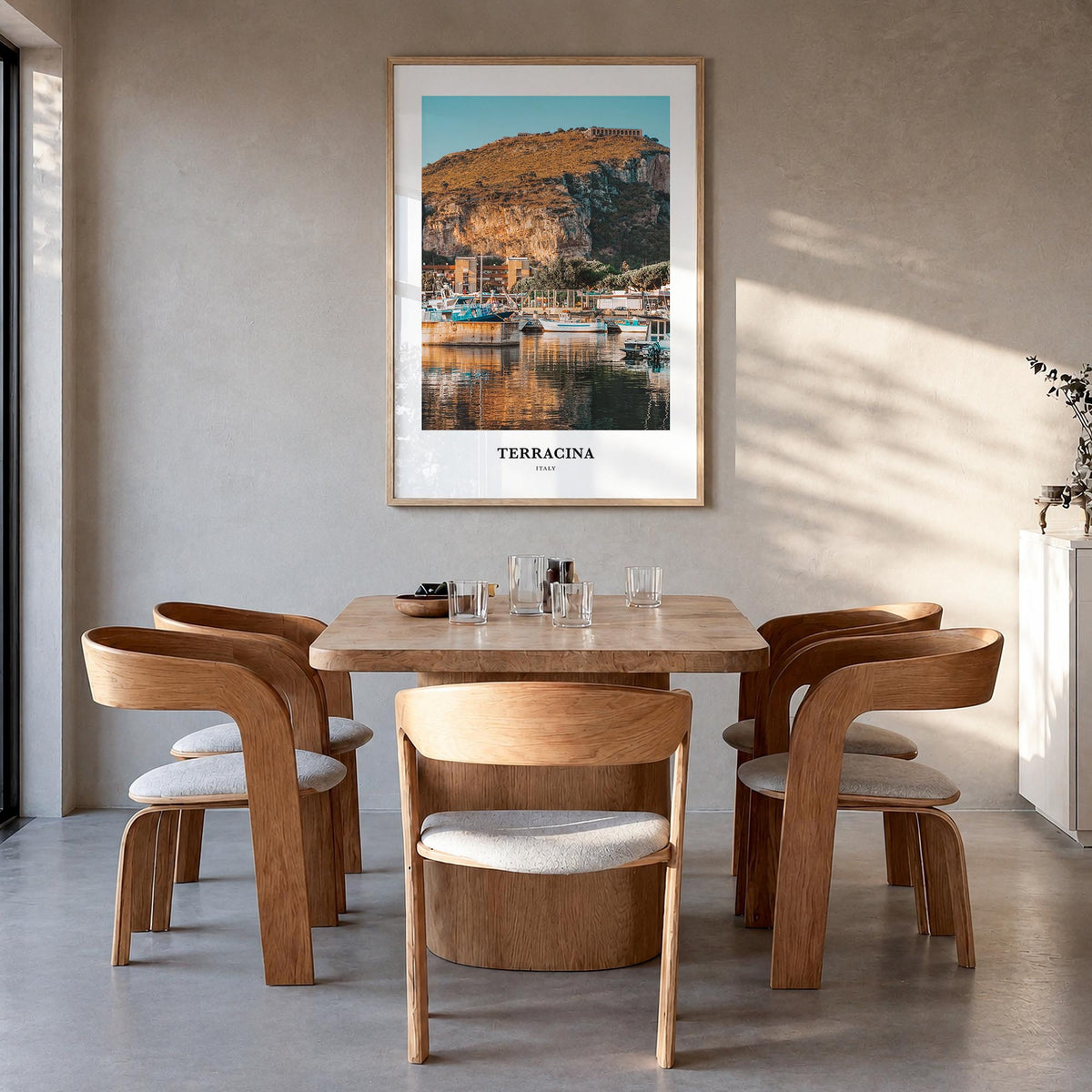 Terracina colorful classic poster of Italy – vertical wall art in natural wood frame, hanging on wall