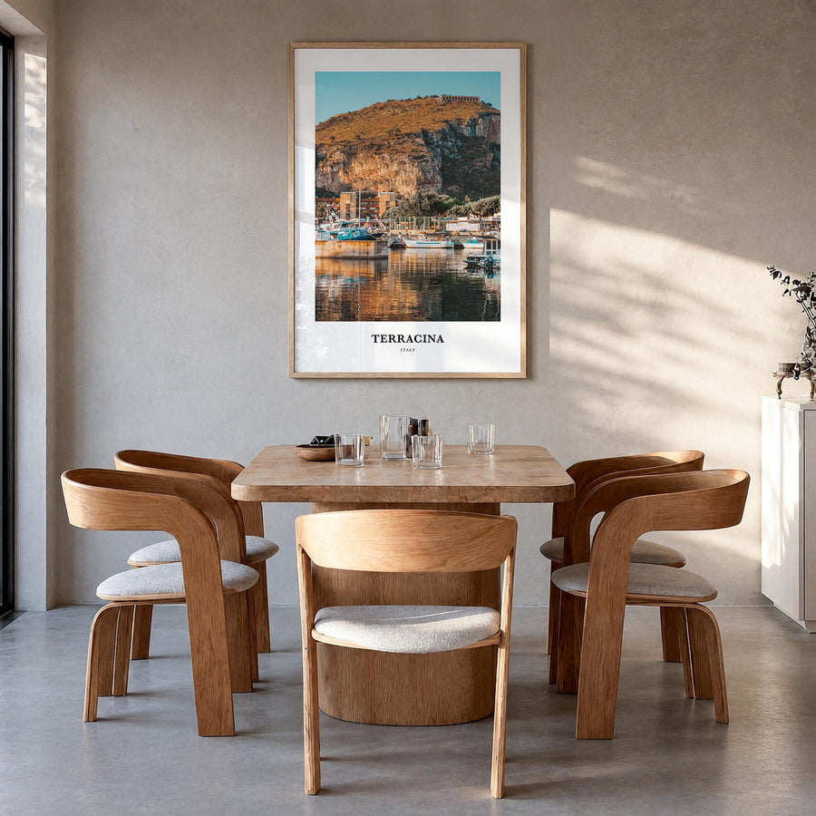 Terracina colorful classic poster of Italy – vertical wall art in natural wood frame, hanging on wall