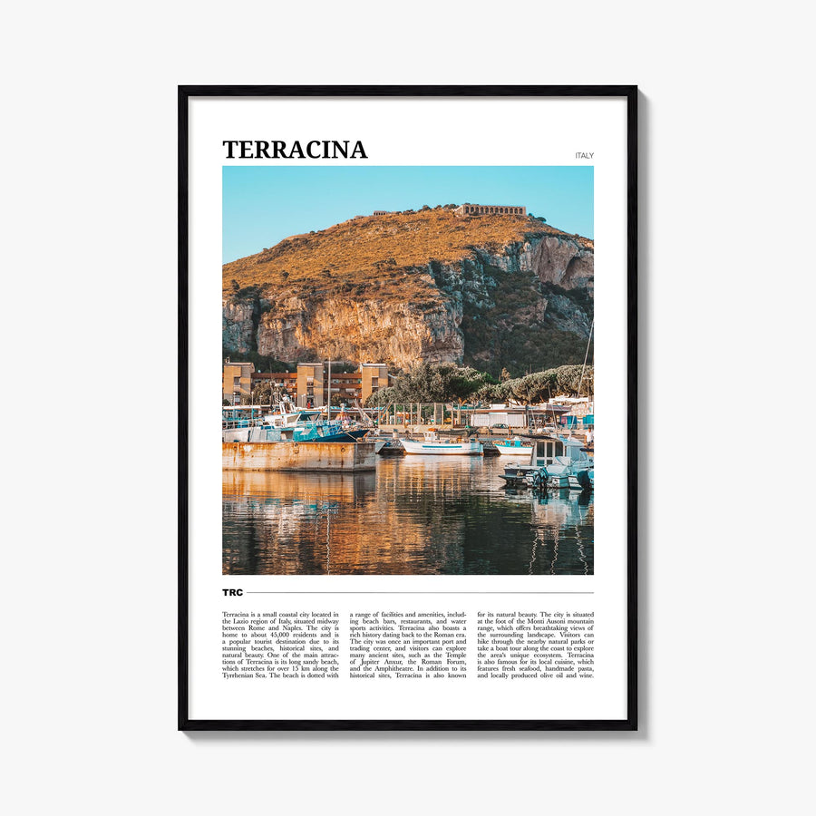 Terracina colorful travel poster of Italy – vertical wall art, unframed print shown in interior mockup