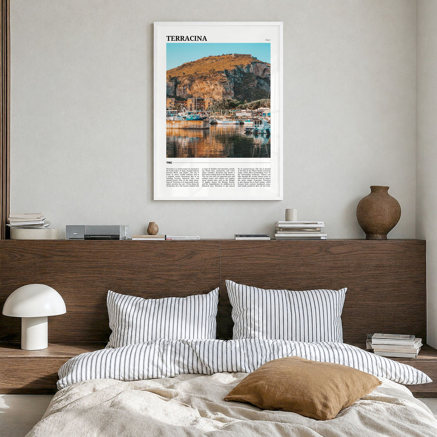 Terracina Travel Poster in a white wood frame, hanging in a bedroom