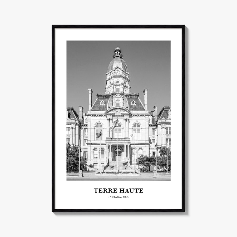 Terre Haute black & white classic poster of Indiana, USA – vertical wall art, unframed print shown in interior mockup