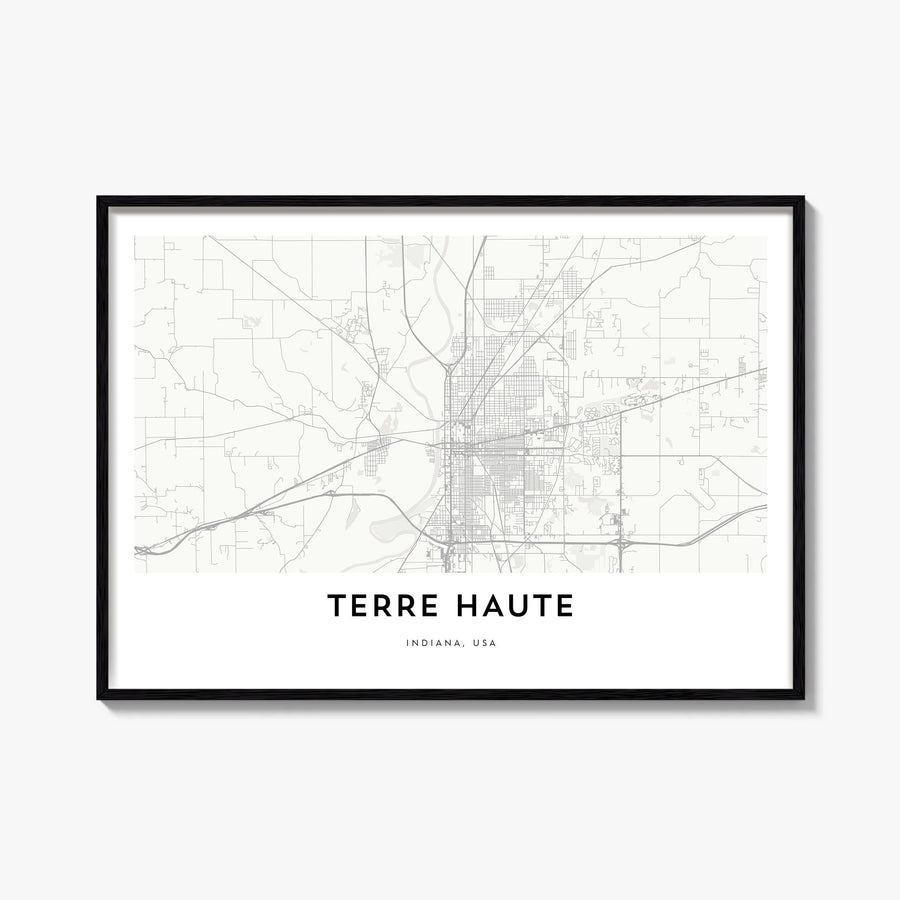 Terre Haute black & white map poster of Indiana, USA – horizontal wall art, unframed print shown in interior mockup