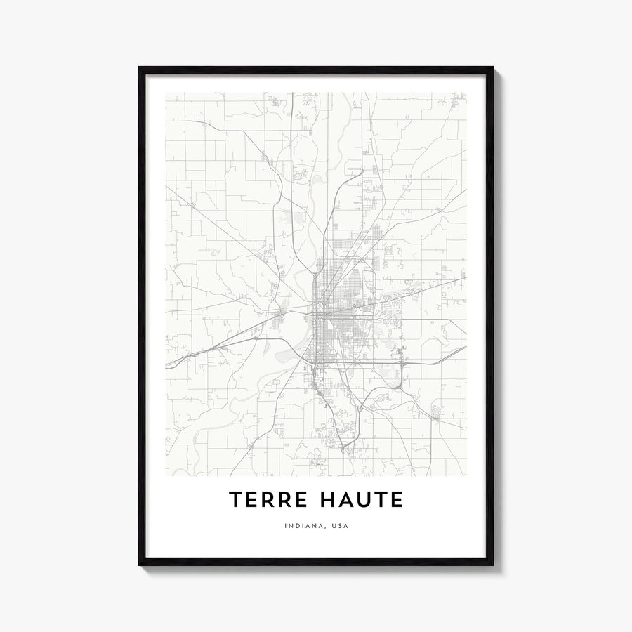 Terre Haute black & white map poster of Indiana, USA – vertical wall art, unframed print shown in interior mockup