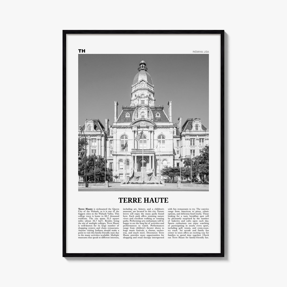 Terre Haute black & white newspaper poster of Indiana, USA – vertical wall art, unframed print shown in interior mockup
