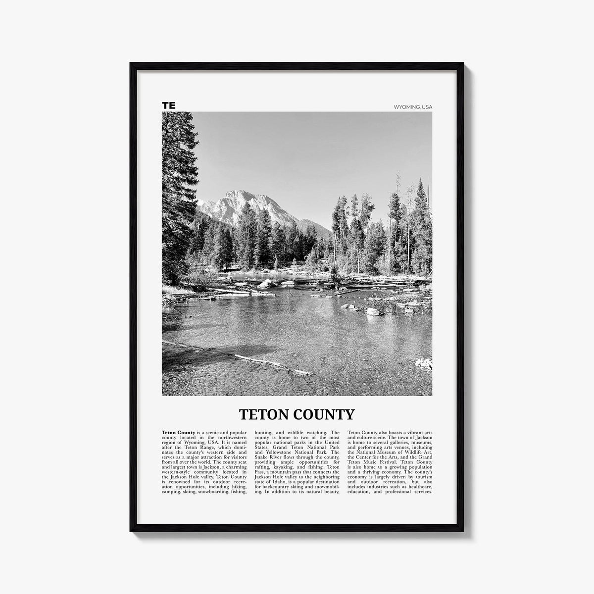 Teton County black & white newspaper poster of Wyoming, USA – vertical wall art, unframed print shown in interior mockup