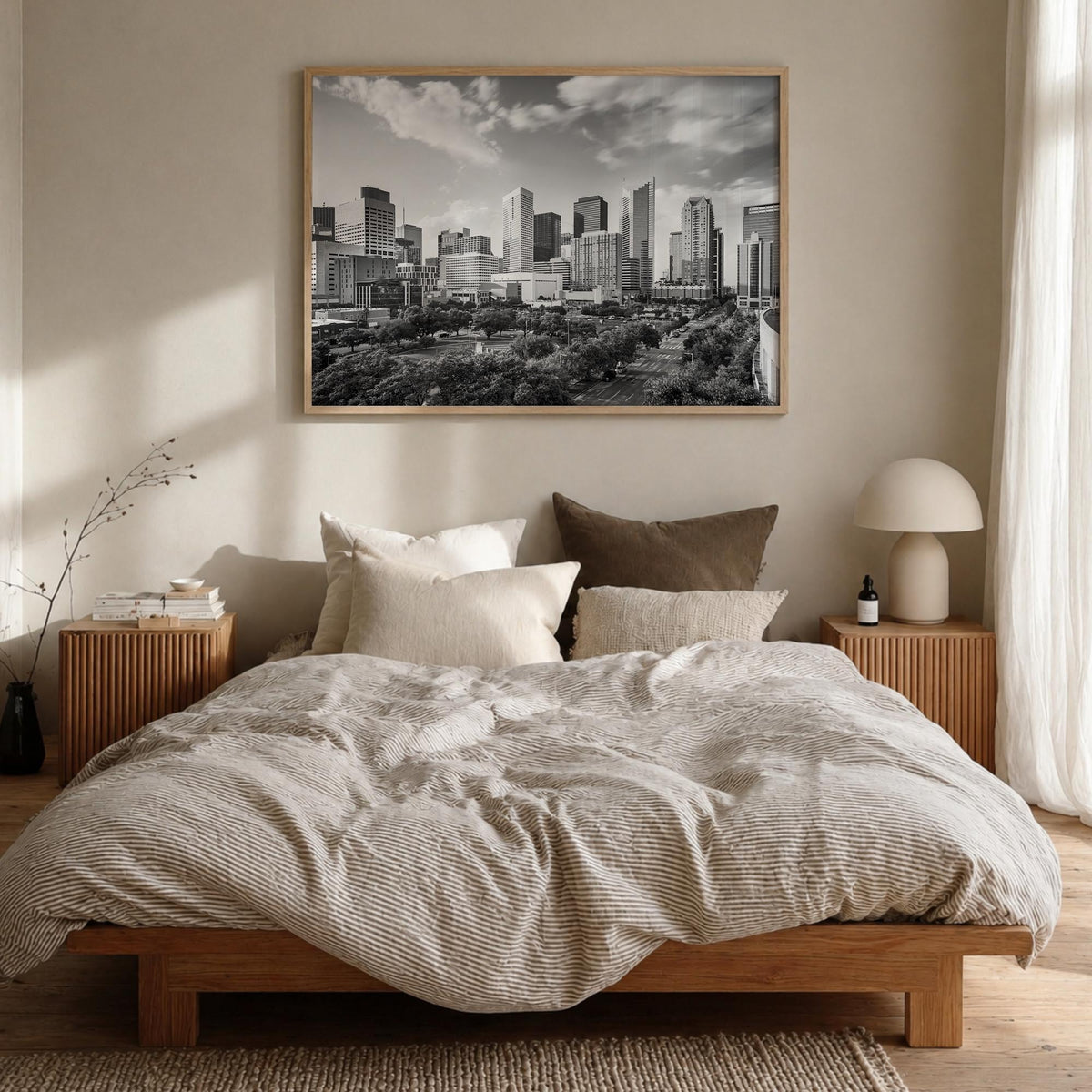 Texas black & white photo poster of United States – horizontal wall art in natural wood frame, hanging on wall