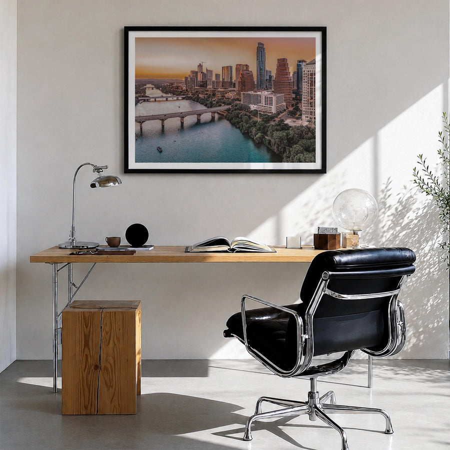 Texas colorful photo poster of United States – horizontal wall art in black wood frame with white border, hanging on wall