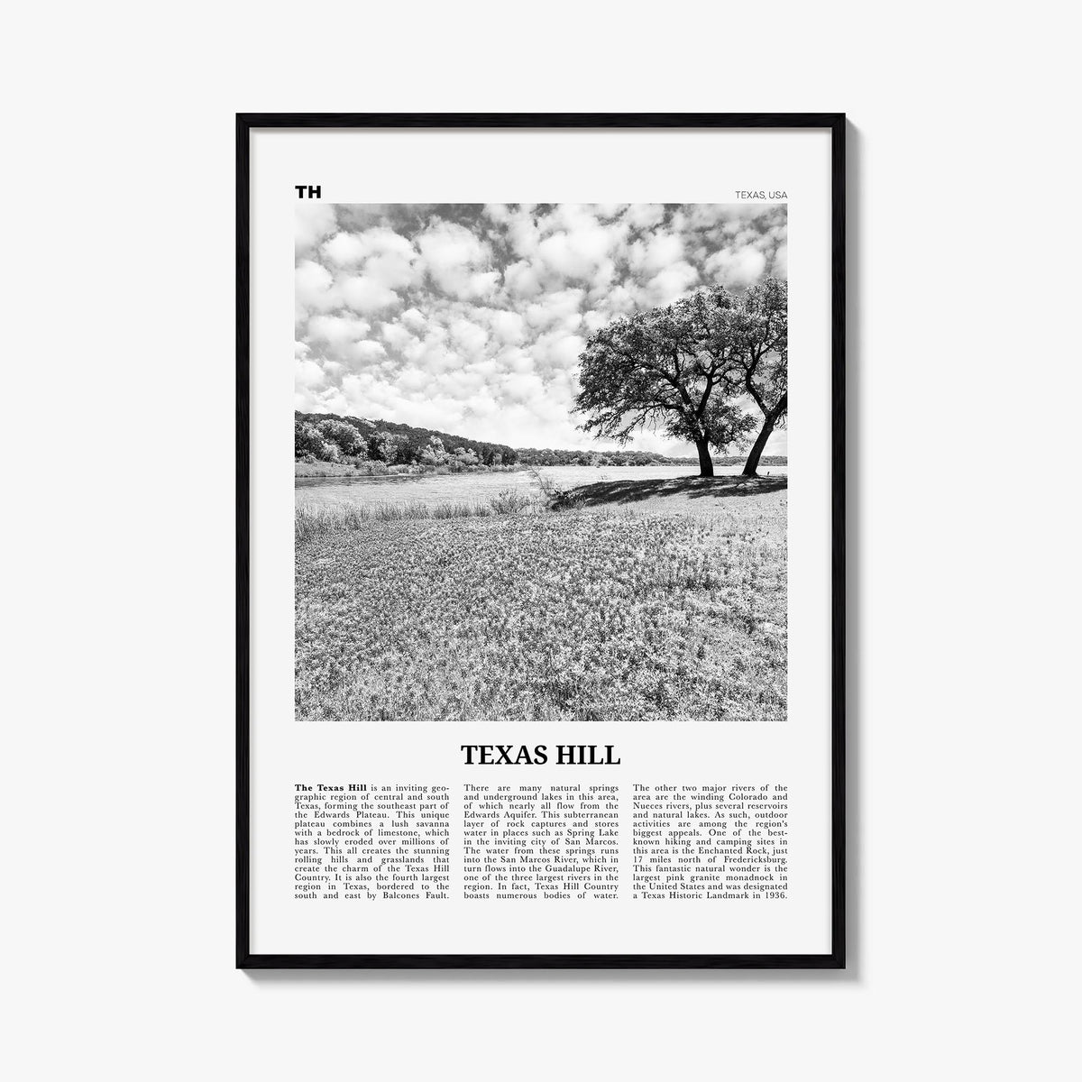 Texas Hill Country black & white newspaper poster of Texas, USA – vertical wall art, unframed print shown in interior mockup