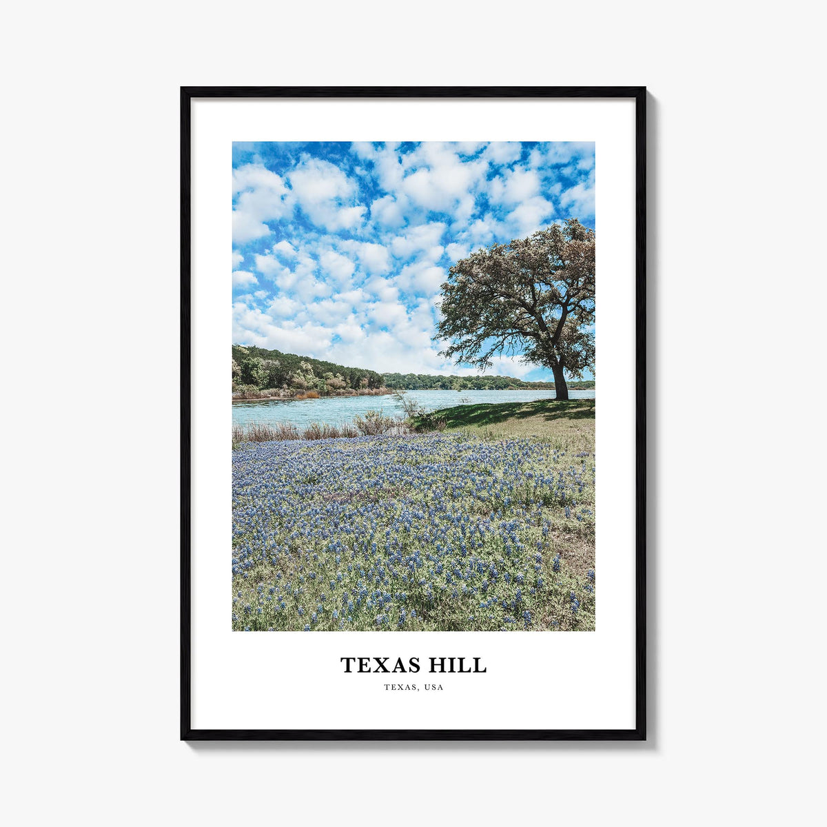 Texas Hill Country colorful classic poster of Texas, USA – vertical wall art, unframed print shown in interior mockup