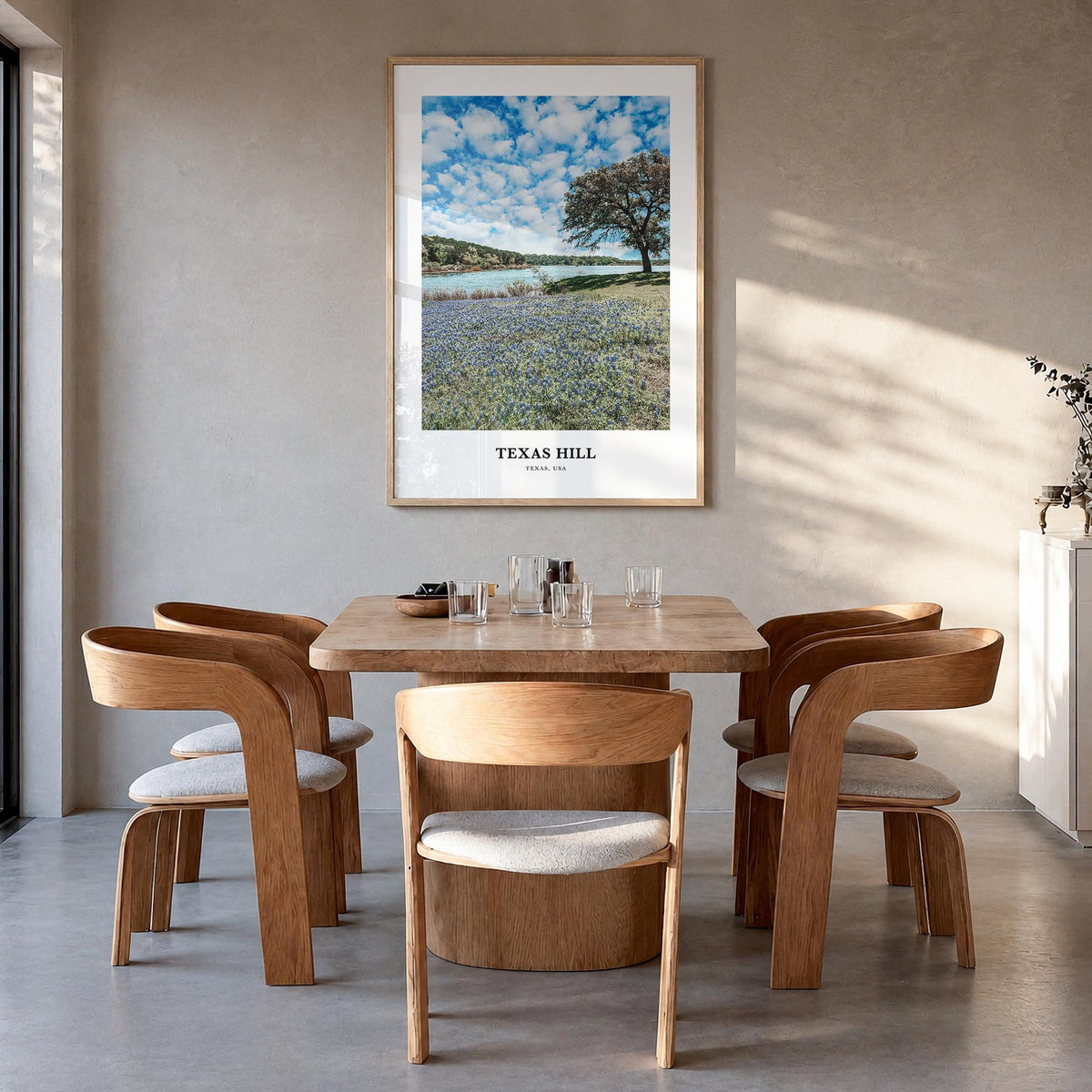 Texas Hill Country colorful classic poster of Texas, USA – vertical wall art in natural wood frame, hanging on wall