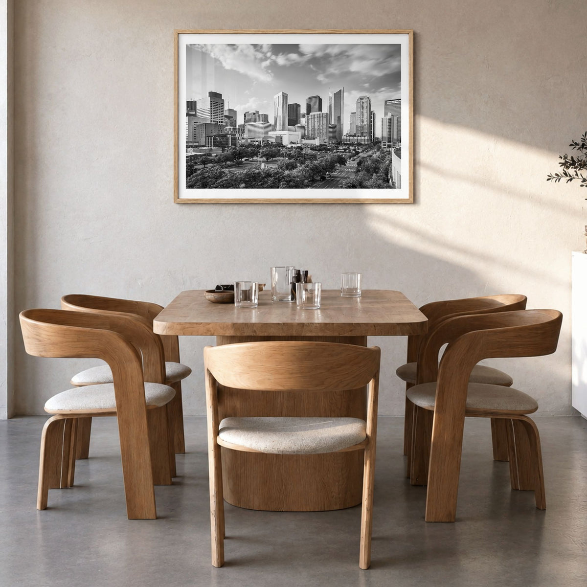 Texas Photo Poster in a natural wood frame, hanging in a dining room, white border