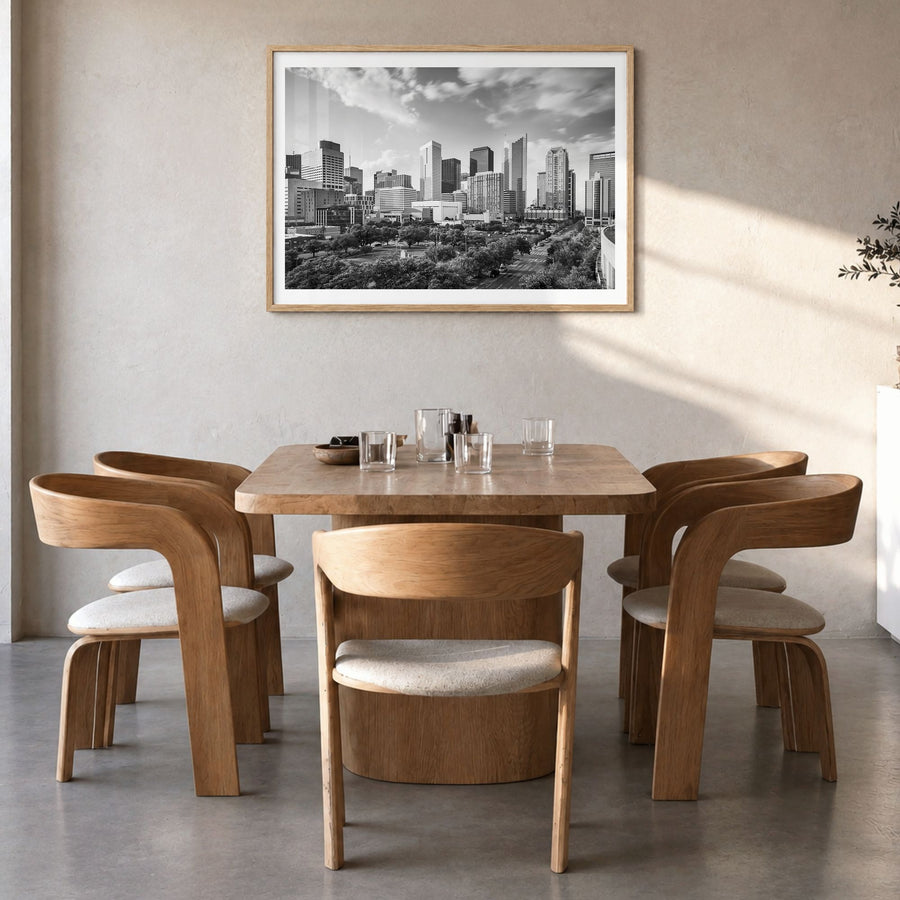 Texas Photo Poster in a natural wood frame, hanging in a dining room, white border