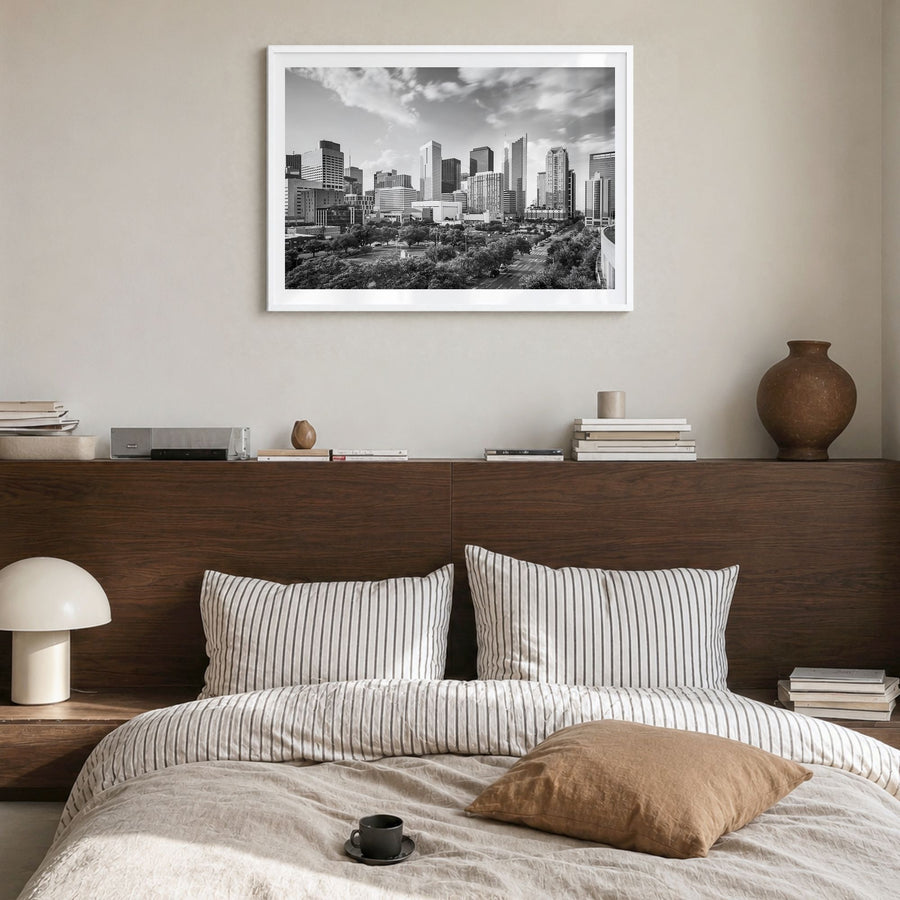 Texas Photo Poster in a white wood frame, hanging in a bedroom, white border