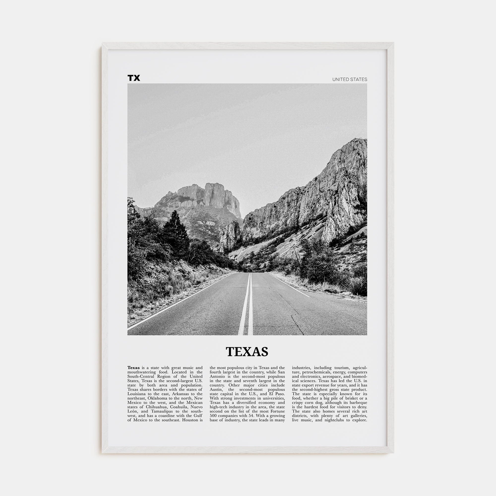 Texas No 1 Poster White Wood / 8x12 in Nbourhood Travel B&W Poster