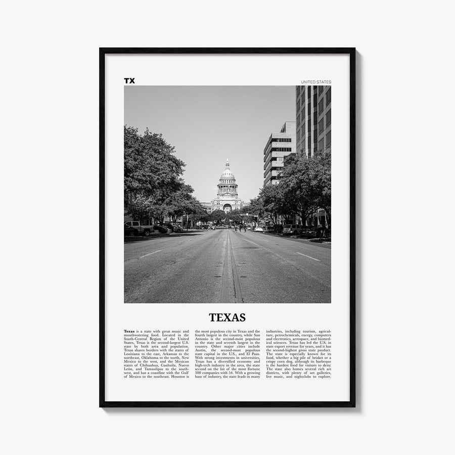 Texas no. 2 black & white newspaper poster of United States – vertical wall art, unframed print shown in interior mockup