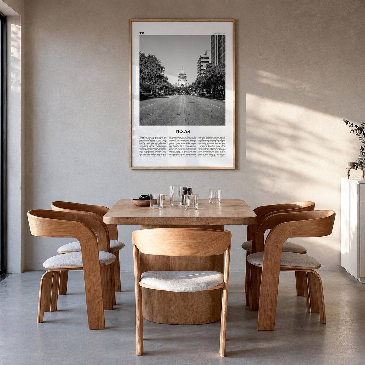 Texas no. 2 black & white newspaper poster of United States – vertical wall art in natural wood frame, hanging on wall