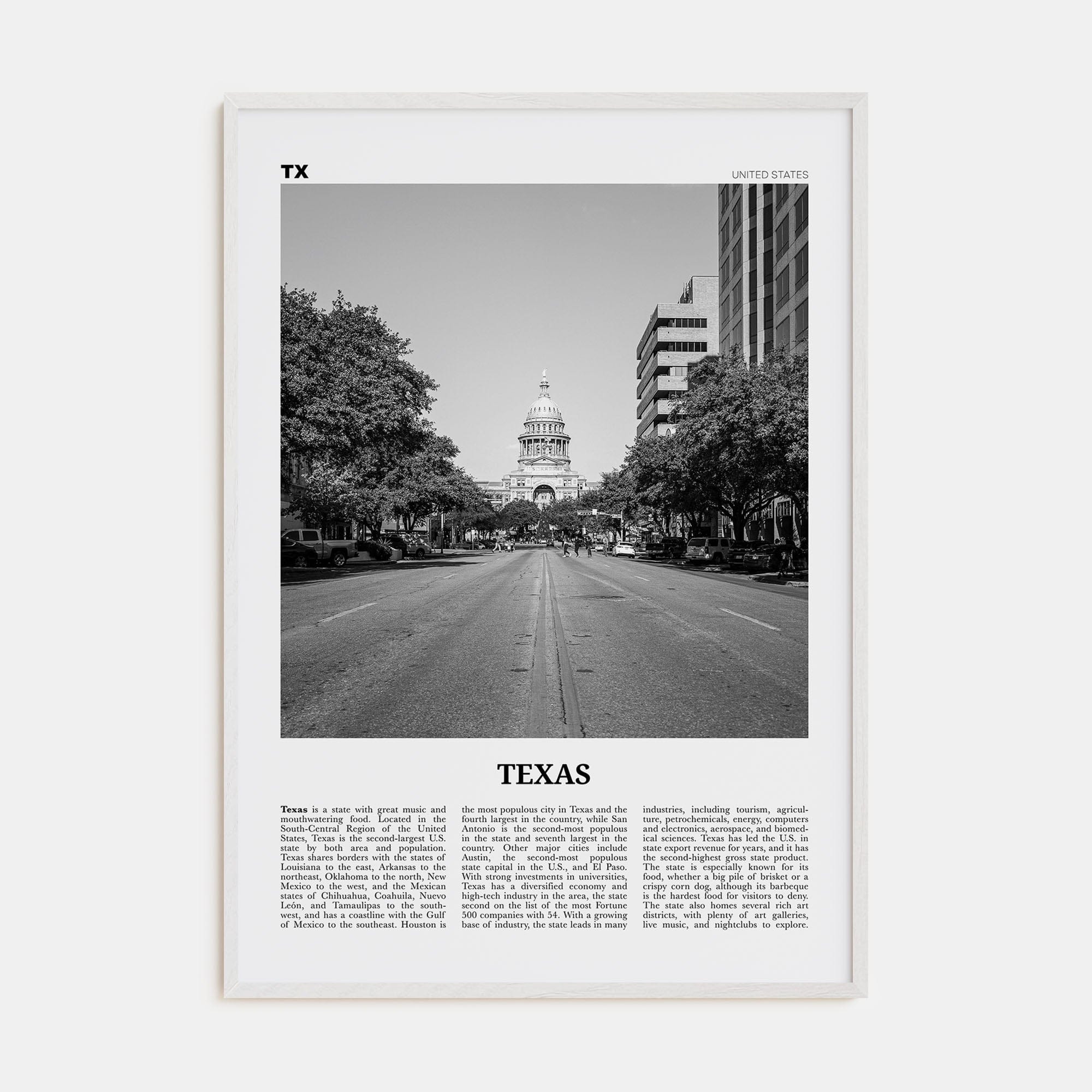 Texas No 2 Poster White Wood / 8x12 in Nbourhood Travel B&W Poster