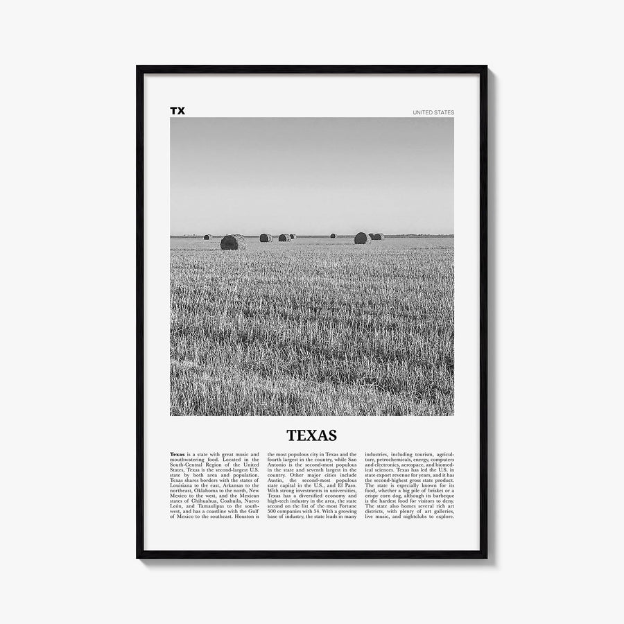Texas no. 3 black & white newspaper poster of United States – vertical wall art, unframed print shown in interior mockup