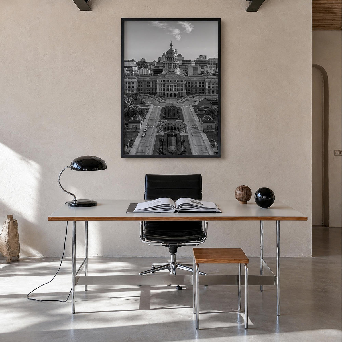Texas no. 3 black & white photo poster of United States – vertical wall art in black wood frame, hanging on wall