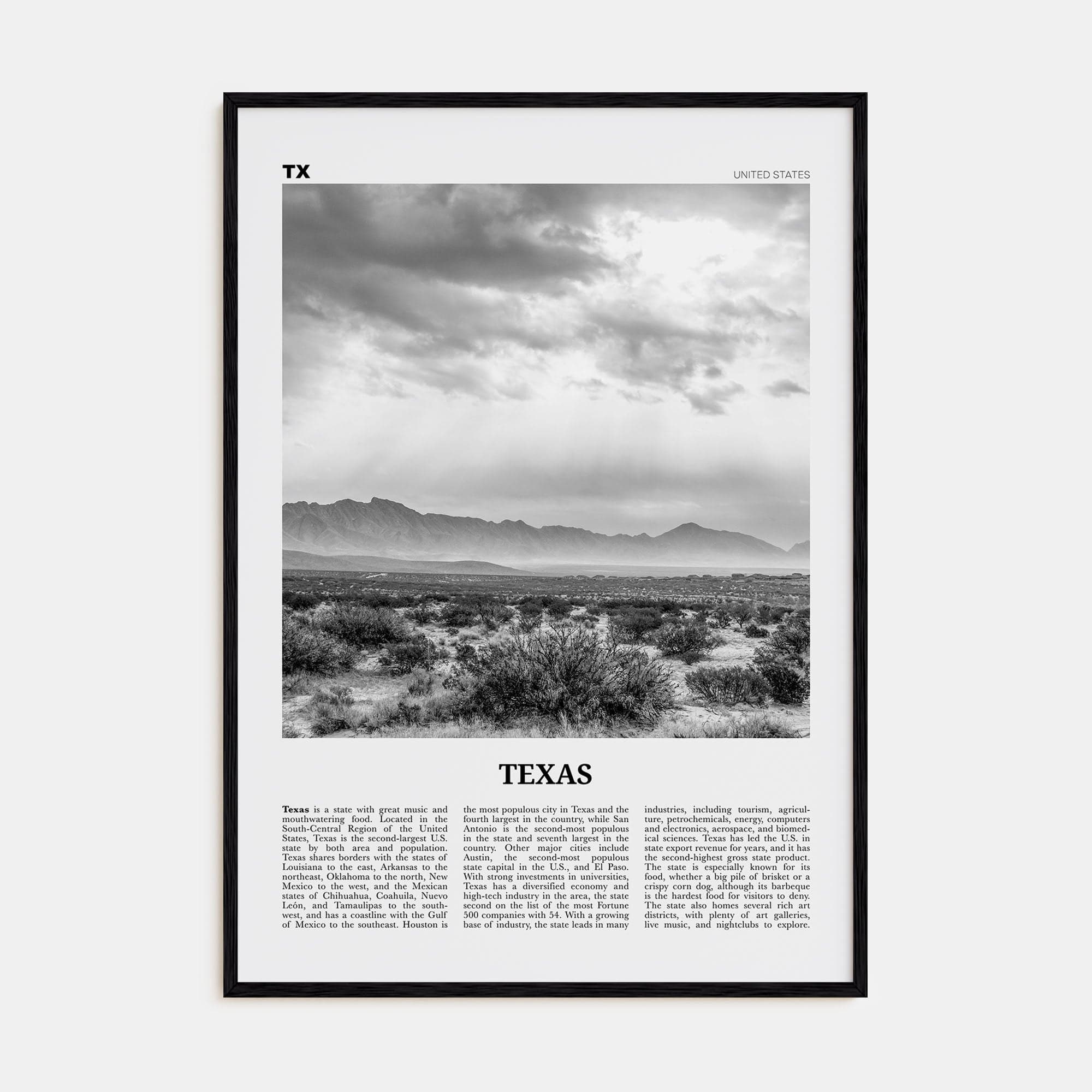 Texas No 4 Poster Black Wood / 8x12 in Nbourhood Travel B&W Poster