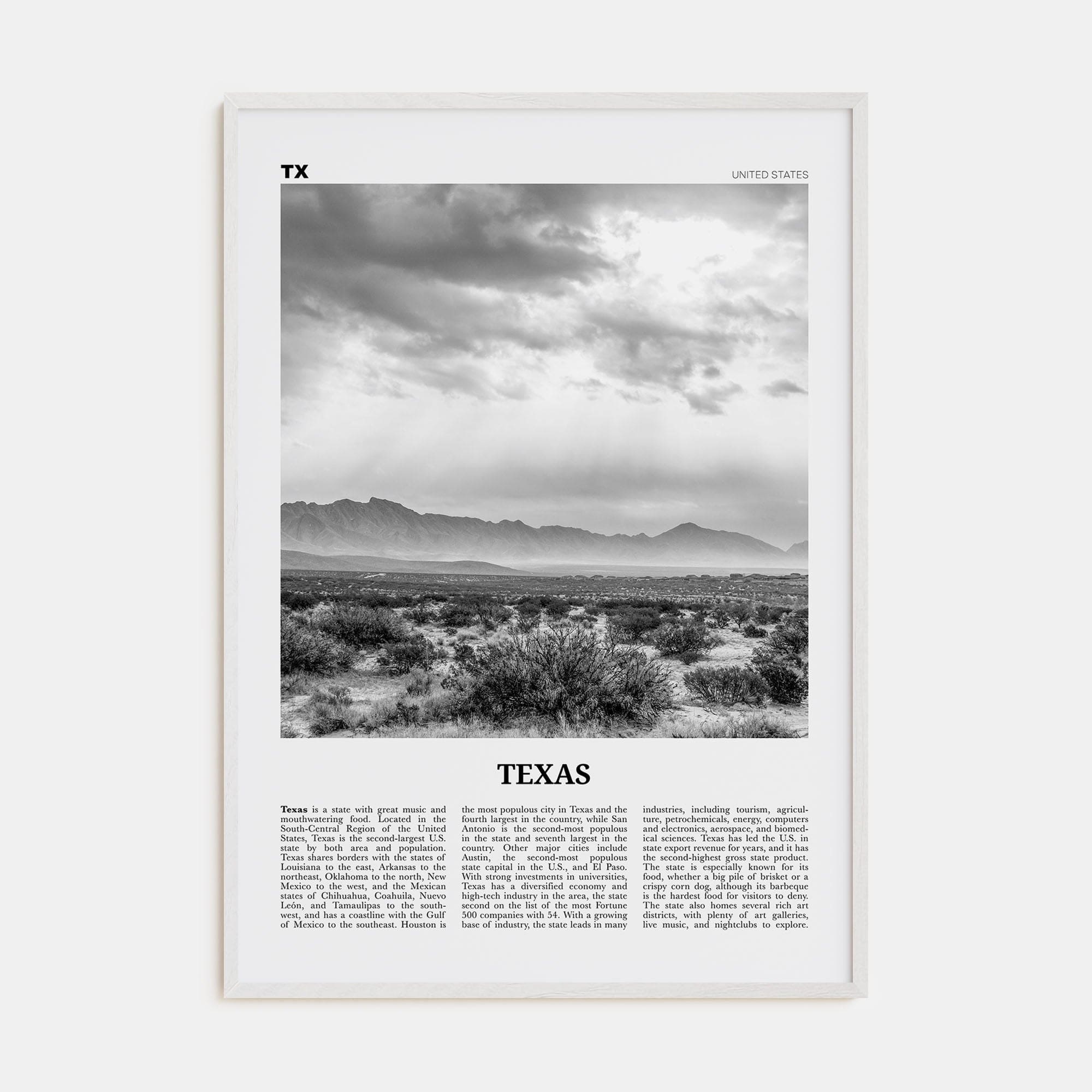 Texas No 4 Poster White Wood / 8x12 in Nbourhood Travel B&W Poster