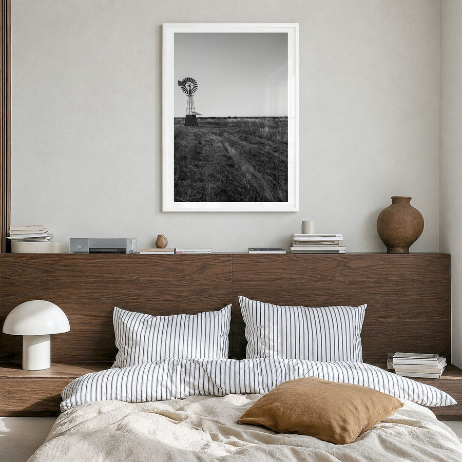 Texas Photo No 2 Poster in a white wood frame, hanging in a bedroom, white border