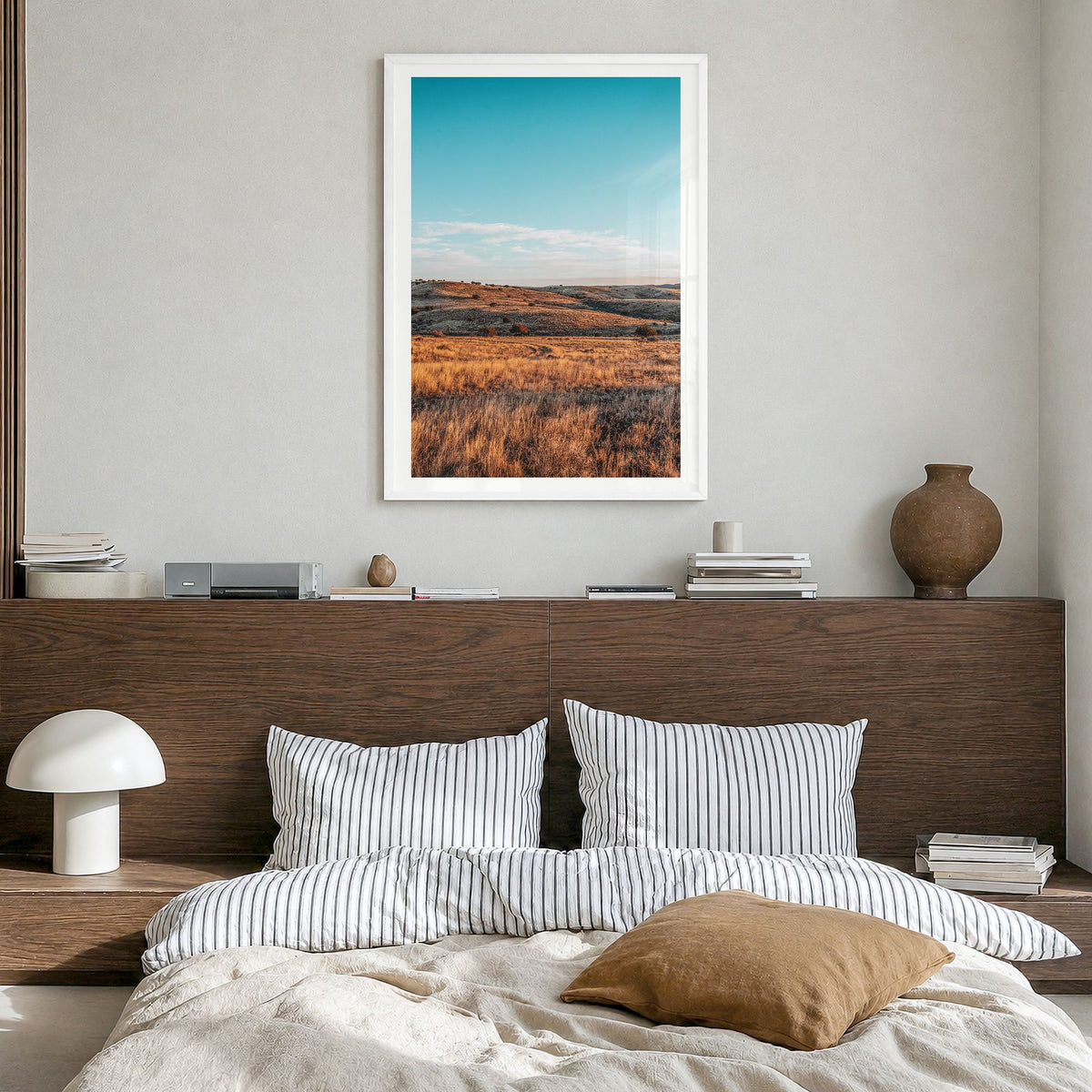 Texas Photo Poster in a white wood frame, hanging in a bedroom, white border