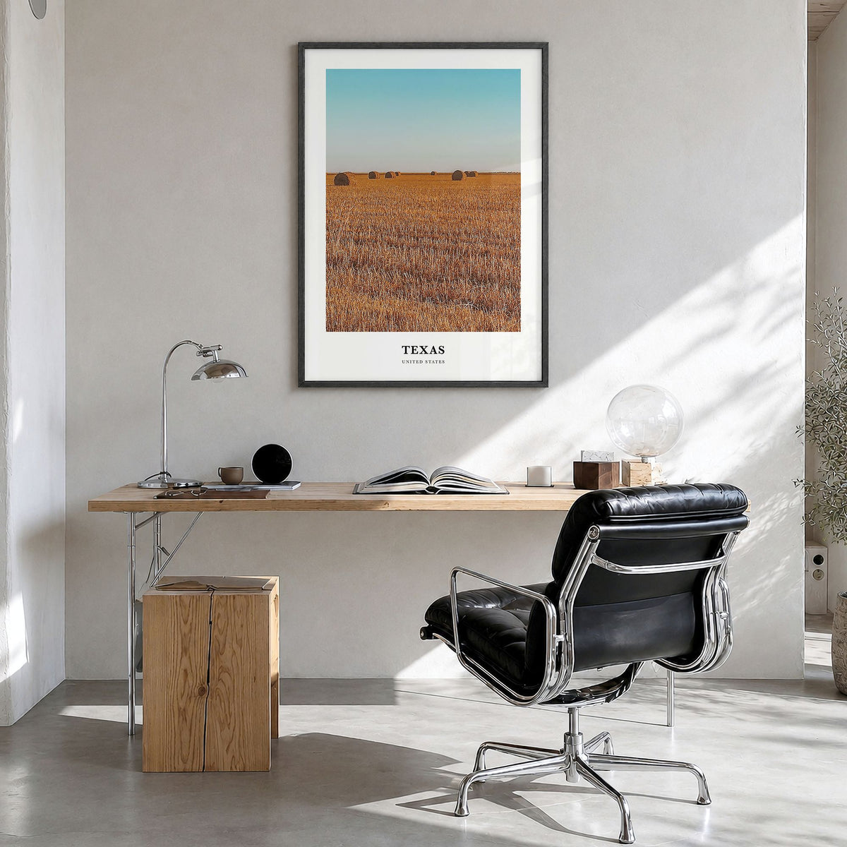 Texas Classic No 2 Poster in a black wood frame, hanging in a bright home office