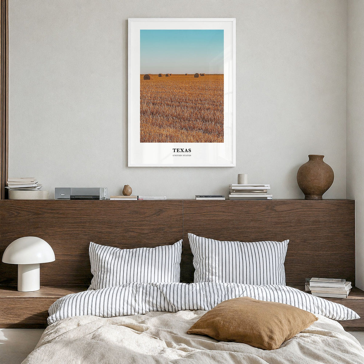 Texas Classic No 2 Poster in a white wood frame, hanging in a bedroom