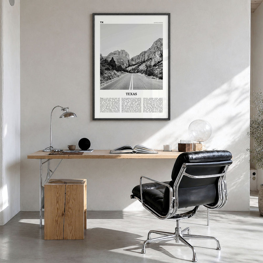 Texas Newspaper No 1 Poster in a black wood frame, hanging in a bright home office