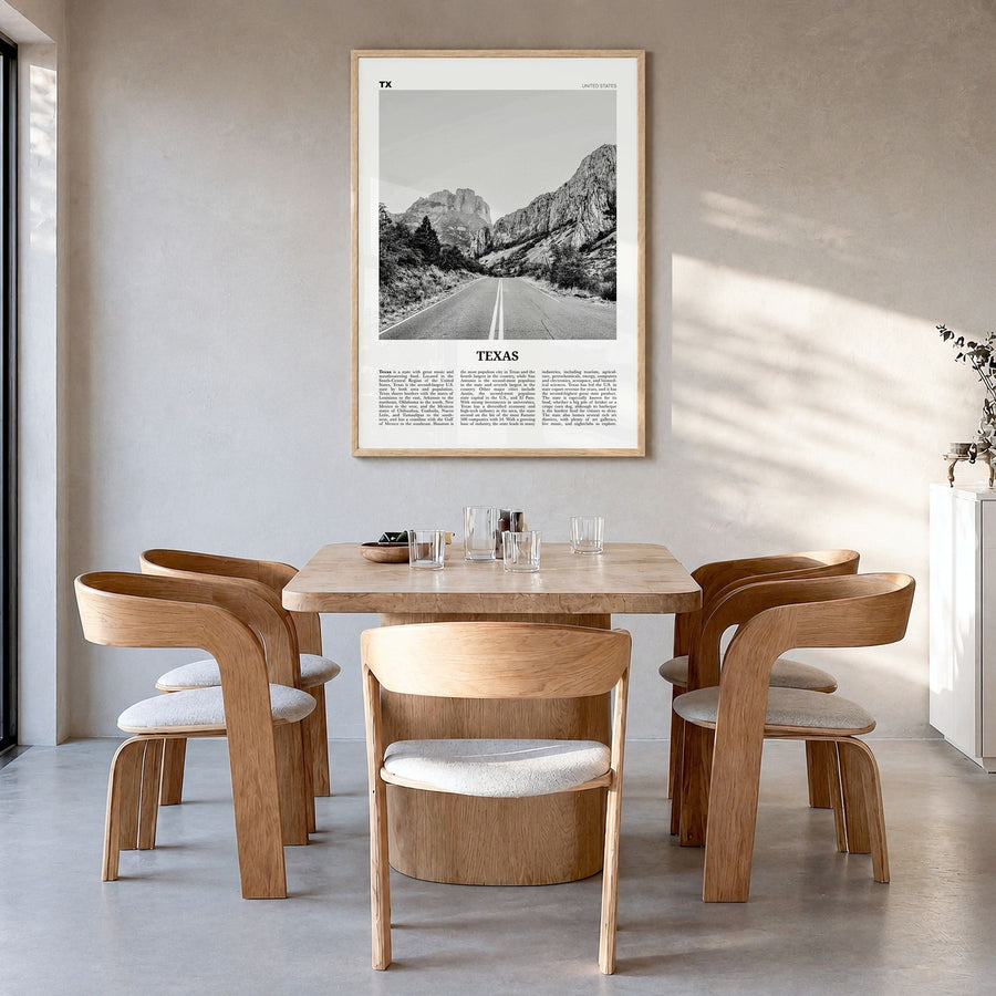 Texas Newspaper No 1 Poster in a natural wood frame, hanging in a dining room