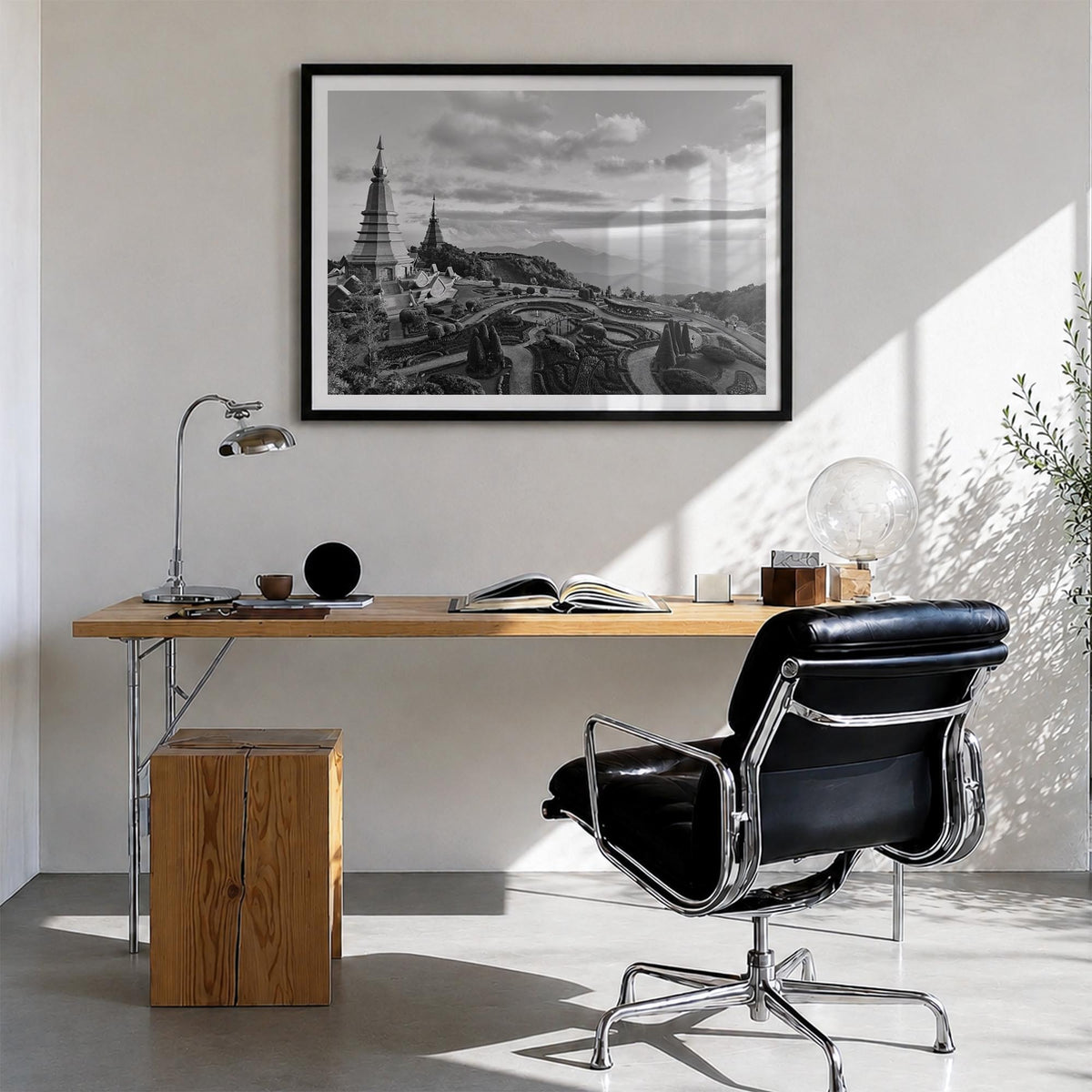 Thailand black & white photo poster of Asia – horizontal wall art in black wood frame with white border, hanging on wall