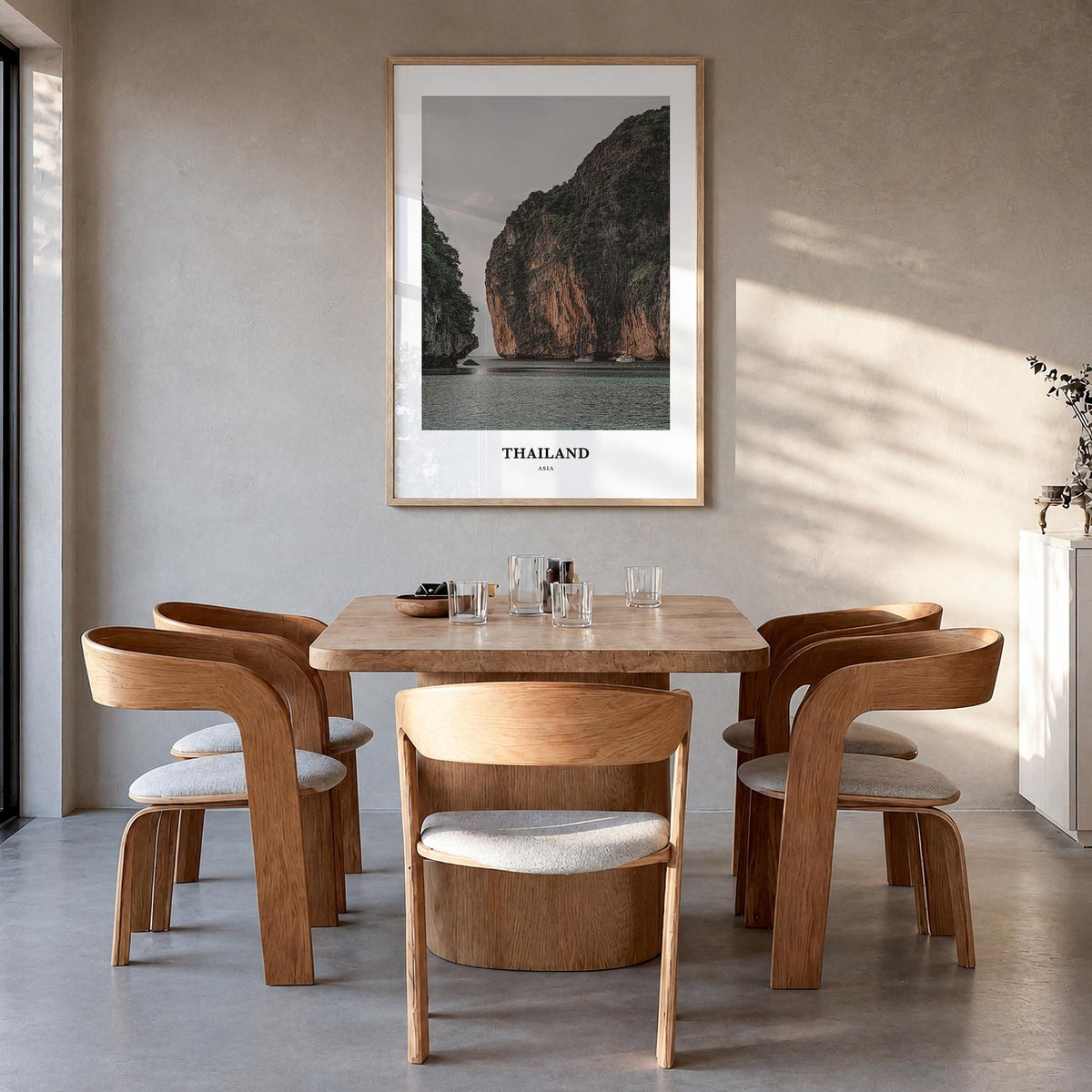 Thailand colorful classic poster of Asia – vertical wall art in natural wood frame, hanging on wall